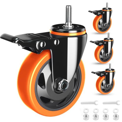 3 Inch Caster Wheels Heavy Duty 3/8" Threaded Stem Casters Set of 4 - color: Orange, size: 3in(3/8"-16)
