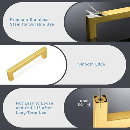 KNOBWELL 6Pack 5 Inch Brushed Gold Cabinet Pulls Stainless Steel Kitchen Cabinet Handles Square Drawer Pulls Modern Cabinet Hardware Handles，128mm Hole Centers - color: Brushed Gold, size: Hole Center:5 inch(128mm)
