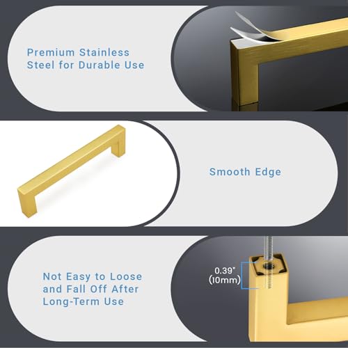 KNOBWELL 20Pack 5 Inch Brushed Gold Cabinet Pulls Stainless Steel Kitchen Cabinet Handles Square Drawer Pulls Modern Cabinet Hardware Handles，128mm Hole Centers - color: Brushed Gold, size: Hole Center:5 inch(128mm)