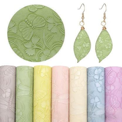 7PCS 7.9 x 11.8 Inch Embossed Faux Leather Sheets, Dragonfly Flower Embossed PU Leather Sheet, Textured Vinyl Fabric for DIY Earrings Upholstery Sewing Crafts Purse Bag Making