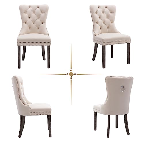 Beige Velvet Dining Chairs Set of 2, Elegant Tufted & Nailhead, Wood Legs - color: Beige, Wood Leg, size: set of 2