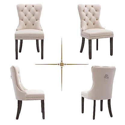 Beige Velvet Dining Chairs Set of 2, Elegant Tufted & Nailhead, Wood Legs - color: Beige, Wood Leg, size: set of 2