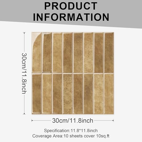 10 Sheets Thicker Design Peel and Stick Backsplash, Self Adhesive Wall Tiles, Stick on Backsplash for Kitchen and Bathroom, 11.8"x11.8", Light Brown - color: Light Brown