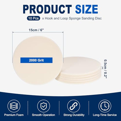 10Pcs 6 Inch Hook and Loop Sponge Sanding Disc, 2000 Grit - size: 6 Inch 2000 Grit