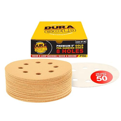 Dura-Gold 5" Gold Sanding Discs, 150 Grit, Box of 50, 8 Hole Pattern, H & L - size: 150-Grit - Gold