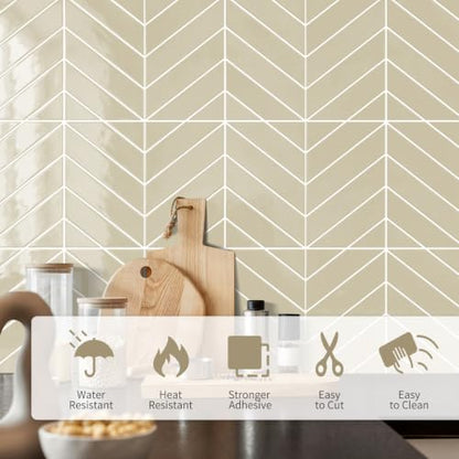 10 Sheets Thicker Herringbone Peel and Stick Backsplash(Beige,12.6”x9.9”) - color: Beige