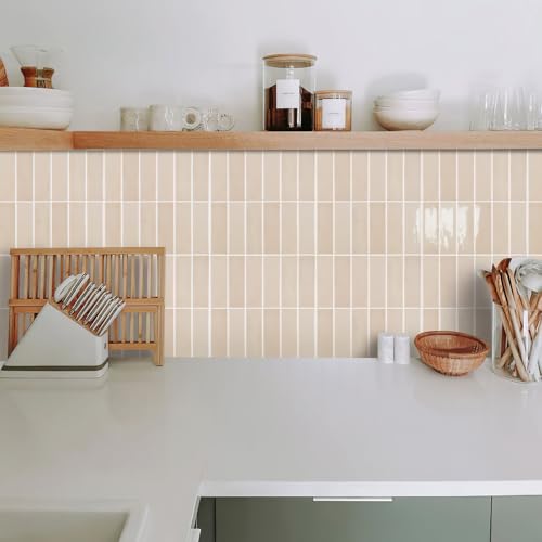Alwayspon 10 Sheets 12" x12'' Light Beige 3D Vinyl Backsplash Tiles, Self-Adhesive Peel and Stick Wall Tile Stickers Stick on Subway Tiles for Kitchen Bathroom Wall - color: Light Beige