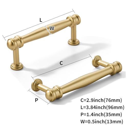khtumeware 10 Pack 3inch(76mm) Hole Center Brushed Gold Cabinet pulls Matte Gold Solid Heavy-Duty Tradition Kitchen Cabinet Handle Cabinet Hardware for Dressing Table Bathroom Pull - color: Brushed Gold, size: 3inch(76mm) hole center