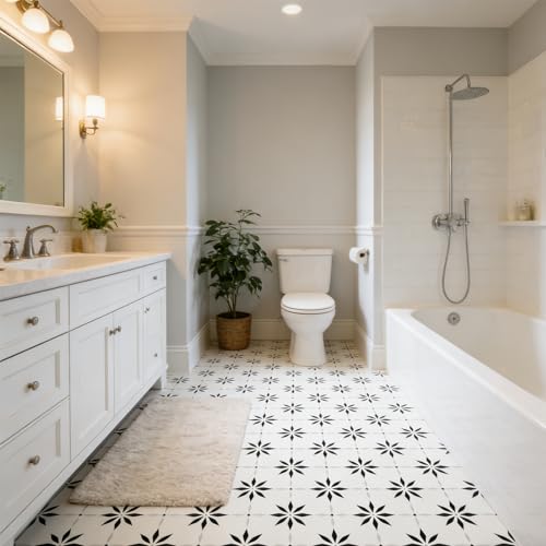 Peel and Stick Floor Tile, 7.9"x7.9" Vinyl Flooring for Bathroom Kitchen, Waterproof Non-Slip Durable Self-Adhesive Easy DIY Removable - color: black white gray
