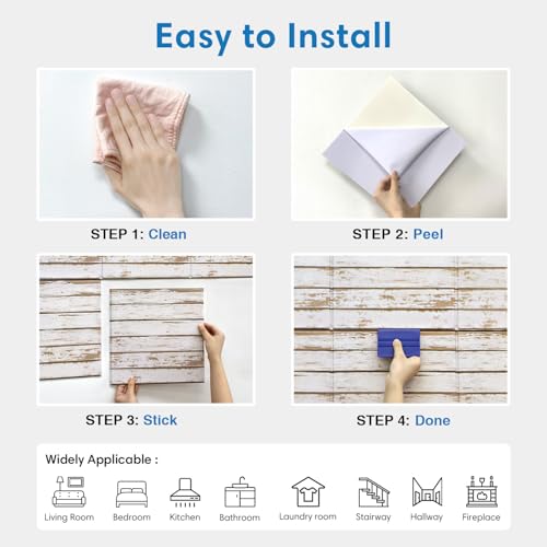 COMSTICKC 3D Faux Wood Wall Sticker Shiplap Peel and Stick, Not Real Wood - color: White Wood
