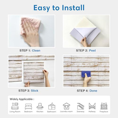 COMSTICKC 3D Faux Wood Wall Sticker Shiplap Peel and Stick, Not Real Wood - color: White Wood