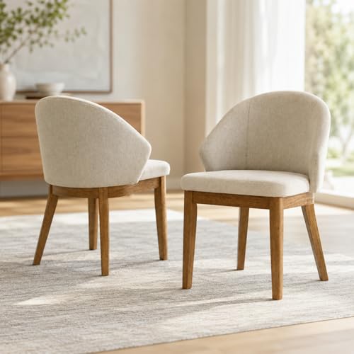 Dining Chairs Set of 2, Modern Fabric Upholstered Wooden Kitchen Chairs with Curved Backrest, Thick Cushion, Tapered Wood Legs, Walnut Finish - color: Walnut, size: Set of 2