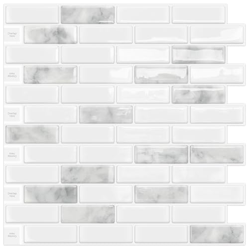 DEWOO Peel and Stick Backsplash 3D Self Adhesive Wall Tiles 10 Sheet - color: Marble Grey