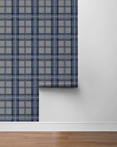 NextWall Harry & Grace Herringbone Plaid Premium Matte Non-Woven Peel and Stick Wallpaper (Blue Smoke) - color: Blue Smoke