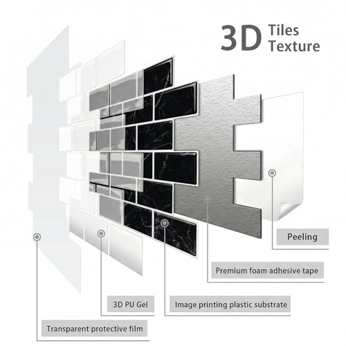 Arttown Peel and Stick 3D Wall Backsplash, 10-Sheet, 12" × 12" Black - color: Black Marble, size: 10PC 12"x12"