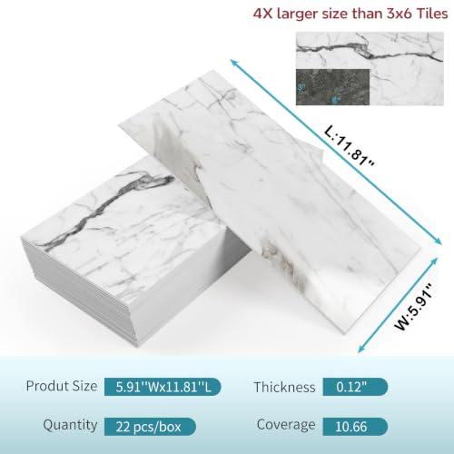 Vamos Tile Peel & Stick Backsplash on Subway Tile,22-Pack 6''x12'',Glossy - color: Carrara White with White Grout