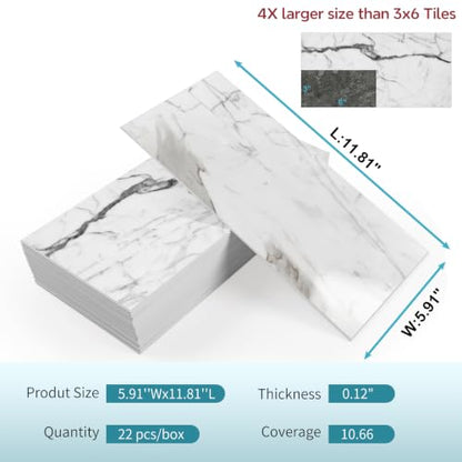 Vamos Tile Peel & Stick Backsplash on Subway Tile,22-Pack 6''x12'',Glossy - color: Carrara White with White Grout