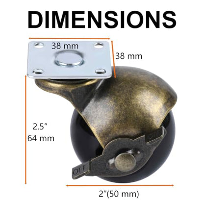2 Inch Ball Casters with Brake, Set of 4 Heavy Duty Swivel Plate (Antique Brass) - color: Antique Brass
