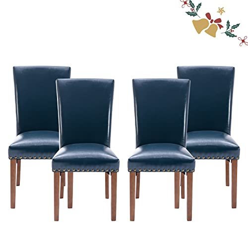 Parsons Dining Chairs Set of 4, Upholstered Nailhead PU Leather Dining Room Kitchen Side Chair with Thick Cushions and Wood Legs, Blue - color: Blue, size: set of 4