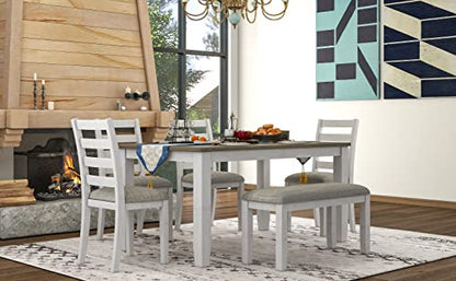 Dining Table Set with 4 Chairs and Bench, 6-Piece, Brown/Whitewash - color: Brown+whitewash