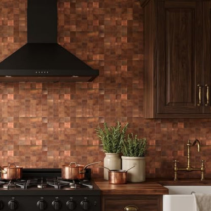 Yipscazo 10 Sheet Peel and Stick Backsplash Mosaic Tiles Stainless Steel Metal Kitchen Backsplash Stick on Tiles for Stove, Bathroom, Laundry in Retro Brown (11.8'' x 11.8'') - color: Retro Brown