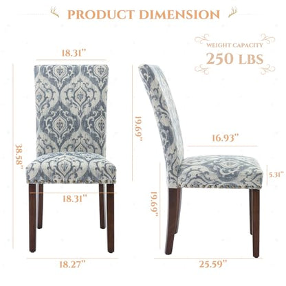 Parsons Dining Chairs Set of 2, Upholstered Nailhead Dining Room Kitchen Side Chair with Thick Cushions and Wood Legs, White/Blue - color: White/Blue, size: set of 2