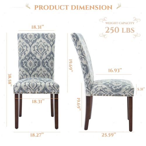Parsons Dining Chairs Set of 4, Upholstered Nailhead Dining Room Kitchen Side Chair with Thick Cushions and Wood Legs, White/Blue - color: White/Blue, size: set of 4