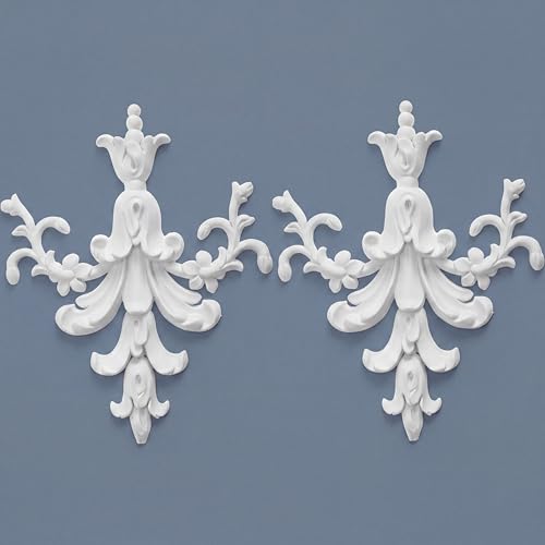 2 PCS Baroque Style Flower Carved Onlay Applique White PVC Appliques for Furniture Decorative 3D Symmetrical Furniture Decorative for Cabinets Dressers Mirrors DIY Home(Classic) - style: Classic