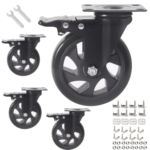 5 Inch Caster Wheels, Casters Set of 4, Heavy Duty Casters with Brake 2200 Lbs,Swivel Caster Wheels with Top Plate, Industrial Caster Wheels for Workbench, Cart, Furniture - size: 5 inch
