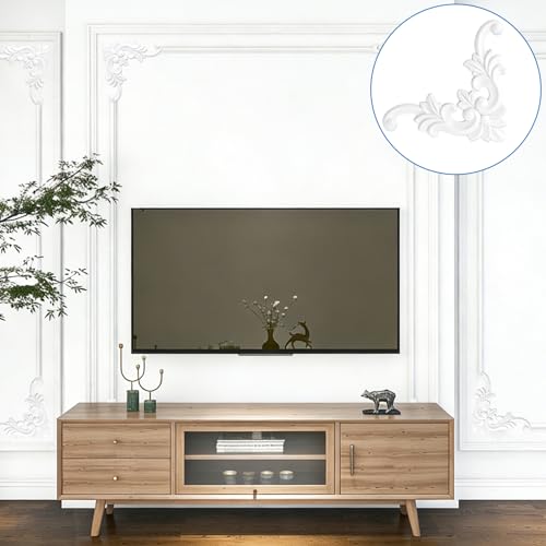 INCREWAY 4PCS Unpainted PVC Corner Wall Molding, French Style Medallion, Wainscoting Accent Panel for Ceiling Cabinet Door Bed Dresser Mirror Furniture (11cm, Leaf Pattern)