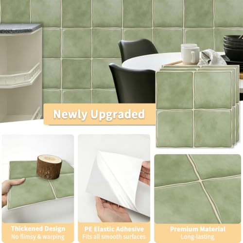 10pcs Peel and Stick Light Green Backsplash Tiles – 7.87in x 7.87in Self-Adhesive Kitchen Wall Tiles, Bathroom Wall Panels, Modern DIY Stick On Tiles, Home Decor - color: Muted green