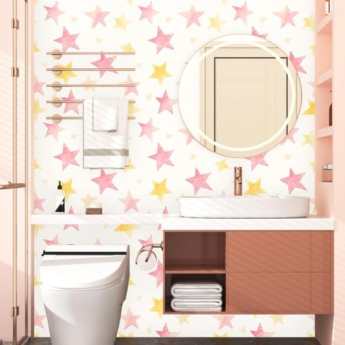 Fvlow Colorful Star Peel and Stick Wallpaper 17.4" x 394" - color: Pink/Gold, size: 17.4"W x 394"L