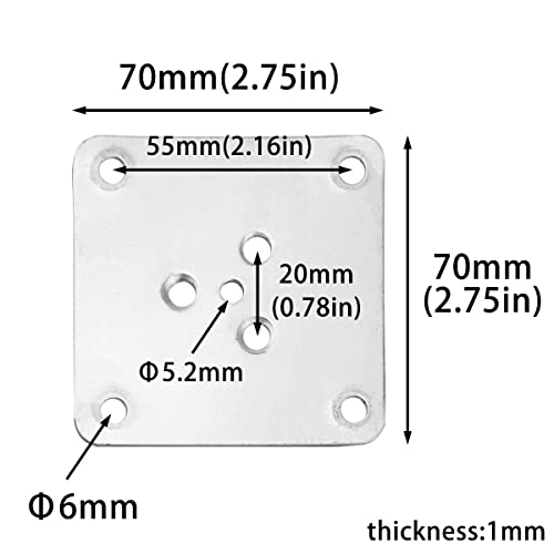 4pcs Metal Square Furniture Leg Connector Plates (Silver, 70 x 70mm/ 2.75 x 2.75, 5.5mm/ 0.22) - Mid-Century Style - For Sofas, Seats, Ottomans, Table Cabinets - Screw-In Installation