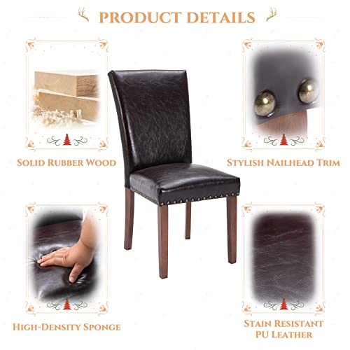 Parsons Dining Chairs Set of 6, Upholstered Nailhead PU Leather Dining Room Kitchen Side Chair with Thick Cushions and Wood Legs, Dark Brown - color: Dark Brown, size: set of 6