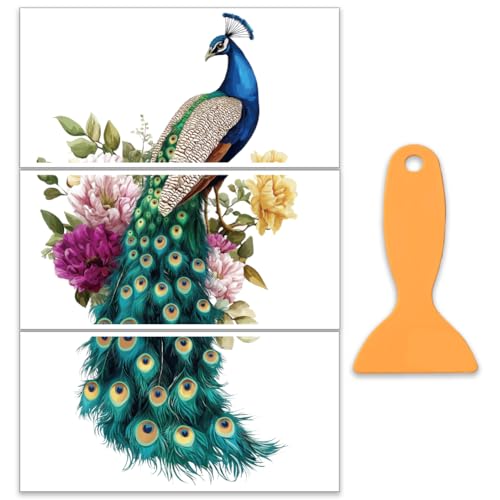 OLYCRAFT 3Pcs/Set Big Peacock Rub on Transfers for Furniture and Crafts 12x6 Inch Peacock Flowers Furniture Decals Decor Animal Transfer Stickers with 1pc Scraper for Scrapbook Window DIY Home Decor - style: Big Peacock