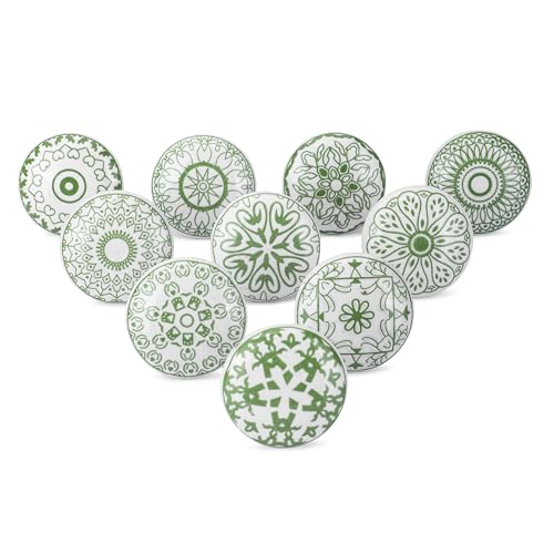 Ajuny 10 Green White Ceramic Cabinet Knobs Printed Drawer Pull Handles Set - color: Green-White