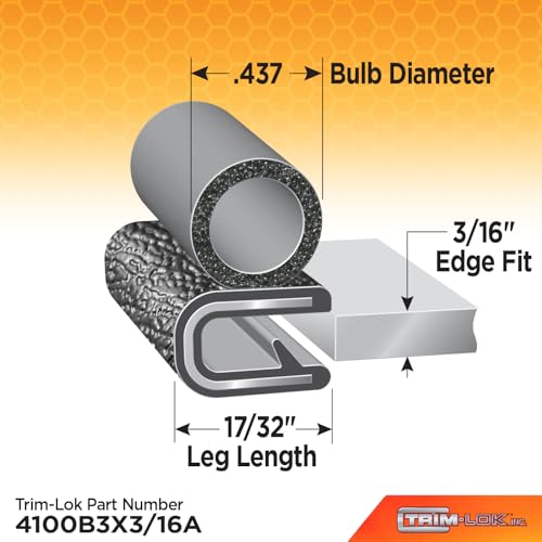 TRIM-LOK Trim Seal, Edge Trim with Side Bulb, Fits 0.437-Inch Bulb, 3/16-Inch Edge, 17/32-Inch Leg, 25-Foot Length, Black Pebble Finish, Flexible PVC Plastic Trim with EPDM Rubber Weather Stripping - style: 0.437" Bulb, 3/16" Edge, 17/32" Leg, 25 Feet