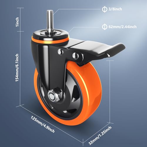 5" Stem Caster Set of 4 Heavy Duty 3/8" Threaded Mount Casters Wheels - color: Orange, size: 5in(3/8"-16)