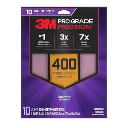 3M Pro Grade Precision Sanding Sheets with No-Slip Grip, 9 x 11 in, 400 Grit, 10-Pack (SHR400-PGP-10T) - style: 400 Grit, 10 Sheets, 9" x 11"