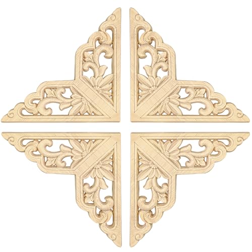 Wood Appliques 4PCS 4.7in Corner Onlays Carved Wood Furniture Trim - size: 4.7inch(12cm)
