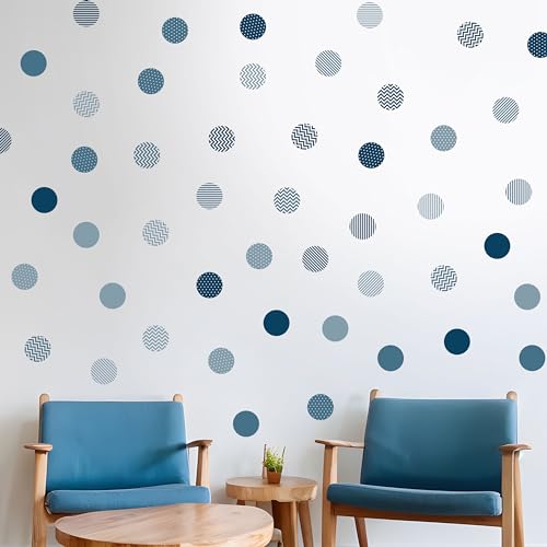 Boho Polka Dot Wall Sticker, 48 Removable and Repositionable Pattern Decals - Premium Fabric Material, Polka Dots, Stripes, Chevrons and Solid in 3 Shades of a Color (Blue) - color: Blue