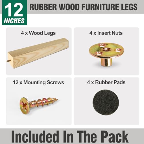 FoDau770 Square Furniture Legs 12 Inch, Ash Wood Legs with 5/16"-18 Bolts - size: 12 Inch