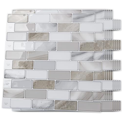 Art3d 10-Pack Marble Peel and Stick Backsplash, 12 x 12 in, Beige & White - color: Beige & White