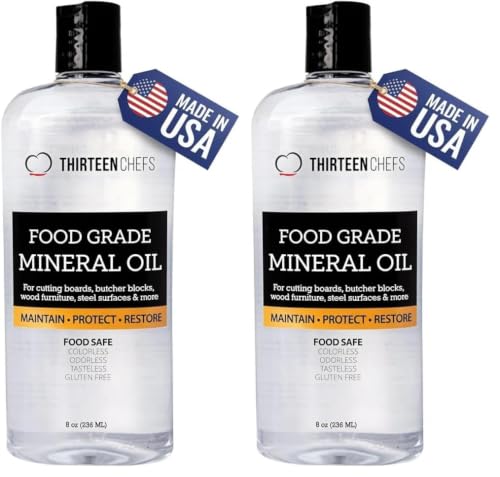 Thirteen Chefs Mineral Oil - 8 oz Food Grade Conditioner for Wood Cutting Board, Countertop & Butcher Block, Lubricant for Knife or Meat Grinder - Safe USP Finish on Marble, Soapstone (Pack of 2) - size: 8 Fl Oz (Pack of 2)