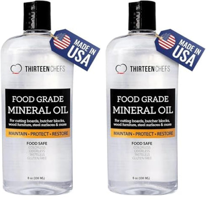 Thirteen Chefs Mineral Oil - 8 oz Food Grade Conditioner for Wood Cutting Board, Countertop & Butcher Block, Lubricant for Knife or Meat Grinder - Safe USP Finish on Marble, Soapstone (Pack of 2) - size: 8 Fl Oz (Pack of 2)