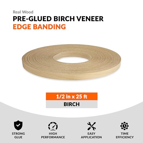 Birch Veneer Edge Banding 1/2 inch x 25 ft Pre Glued Wood Adhesive Edging Trim Tape Iron On Flexible Strips Roll Furniture Laminate Glue Plywood Sheets Strips Sheet Band Formica Glue Bendable - size: 1/2 in x 25 ft
