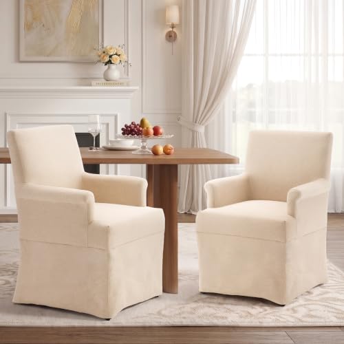 Arm Dining Chair Fabric Long Skirt Slipcovered High Back Upholstered Dinner - color: Beige, size: 2 PCS