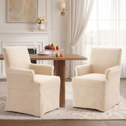 Arm Dining Chair Fabric Long Skirt Slipcovered High Back Upholstered Dinner - color: Beige, size: 2 PCS