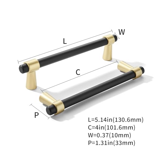 khtumeware 4 inch 5 Pack Matte Black/Brushed Gold Cabinet pulls Zinc Alloy, Kitchen Cabinet Handles, Wardrobe Drawer Handles - Suitable for Bathroom cabinets, Bedroom Furniture - color: Matte Black/Brushed Gold, size: 4 Inch
