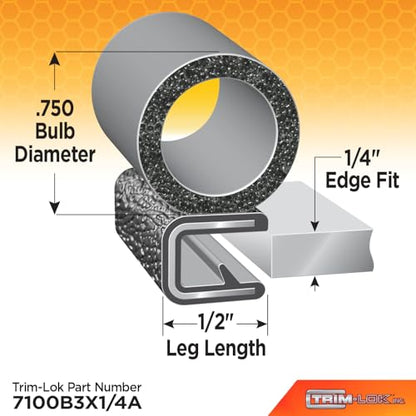 TRIM-LOK Trim Seal, Edge Trim with Side Bulb, Fits 0.750-Inch Bulb, 1/4-Inch Edge, 25-Foot Length, Black Pebble Finish, Flexible PVC Plastic Trim with EPDM Rubber Weather Stripping - style: 0.750" Bulb, 1/4" Edge, 1/2" Leg, 25 Feet